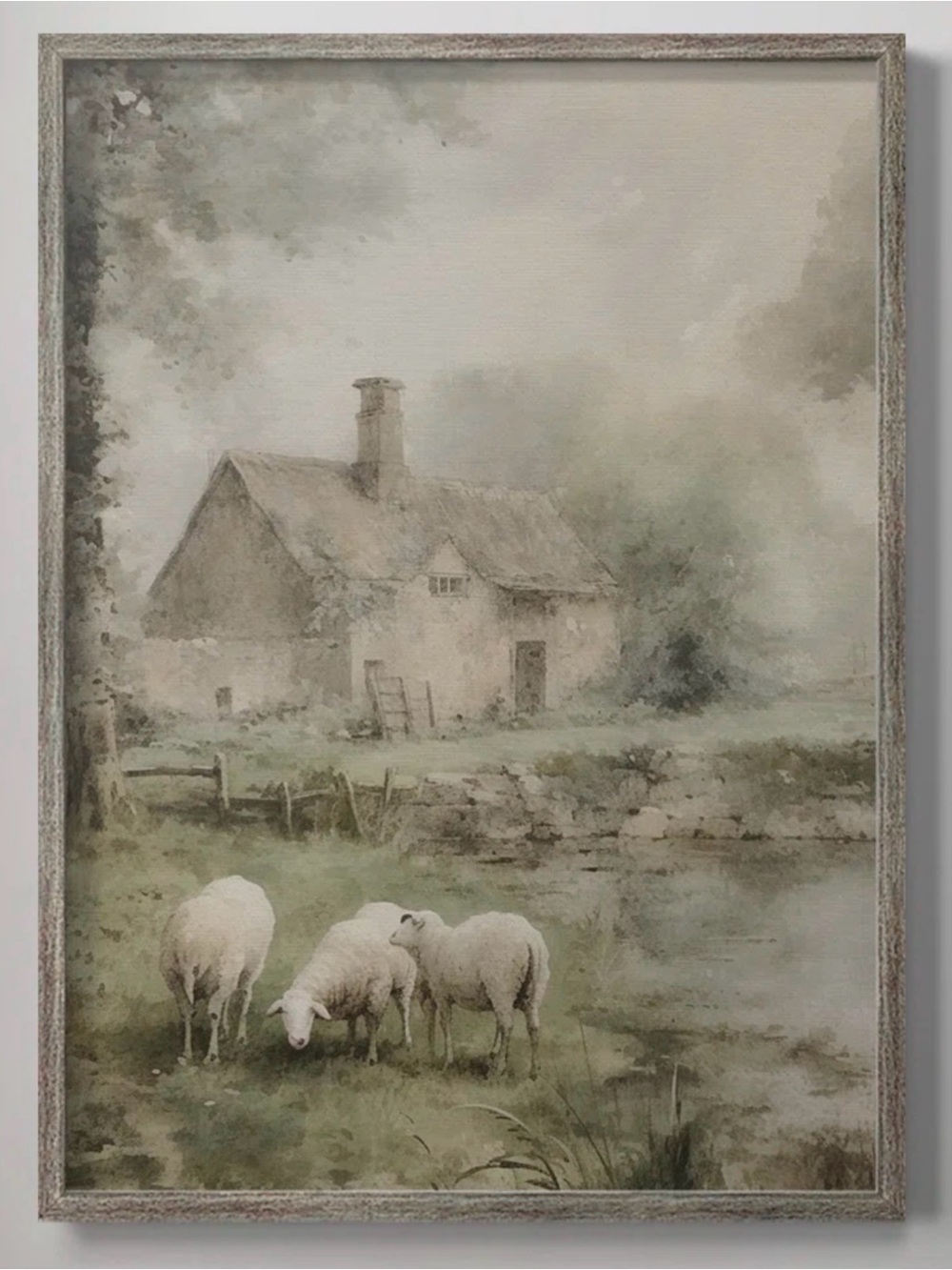 Neutral Farmhouse Cottage Art Print with Sheep 🐑 - Pastoral